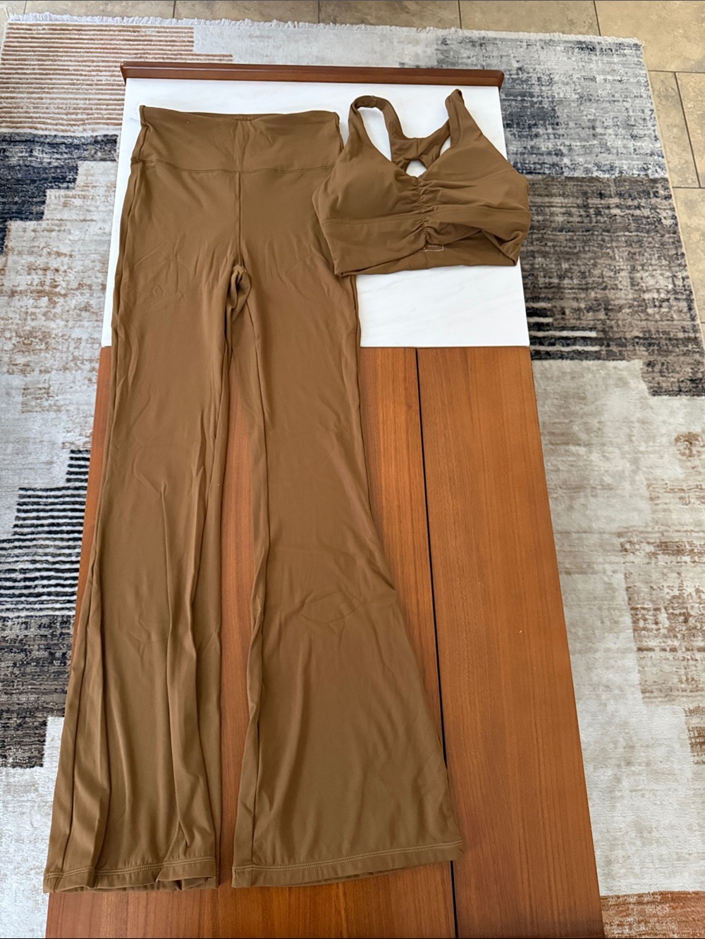 Set High-Rise Flare Pants in Camel Brown and sport bra